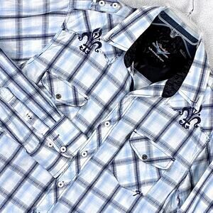 Fender Custom Shop Shirt Mens XL Rock n Roll Religion Blue Plaid Embroidered